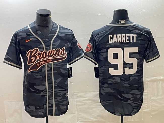 Mens Cleveland Browns #95 Myles Garrett Gray Camo With Patch Cool Base Stitched Baseball Jersey